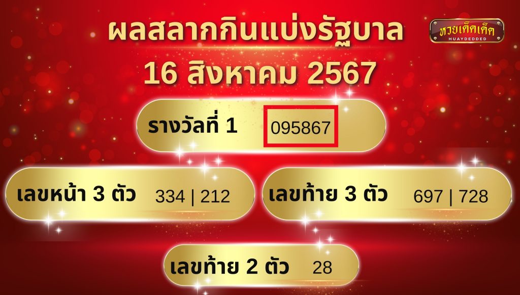 ผลสลากกินแบ่งรัฐบาล 16 สิงหาคม 2567