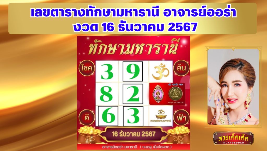 เลขตารางทักษามหารานี อาจารย์ออร่า มหารานี งวด 16 ธันวาคม 2567