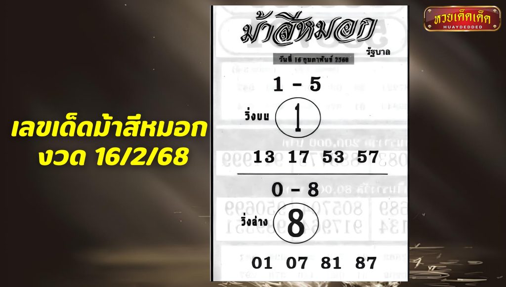 เลขเด็ดม้าสีหมอก งวด 16-2-68