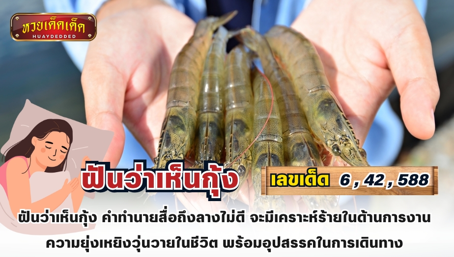 สรุปคำทำนาย ฝันว่าเห็นกุ้ง คำทำนายสื่อถึงลางไม่ดี จะมีเคราะห์ร้ายในด้านการงาน ความยุ่งเหยิงวุ่นวายในชีวิต พร้อมอุปสรรคในการเดินทาง